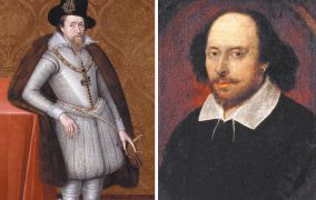 King James I of England, in a portrait attributed to John de Critz, circa 1606; William Shakespeare, in a portrait attributed to John Taylor, circa 1610